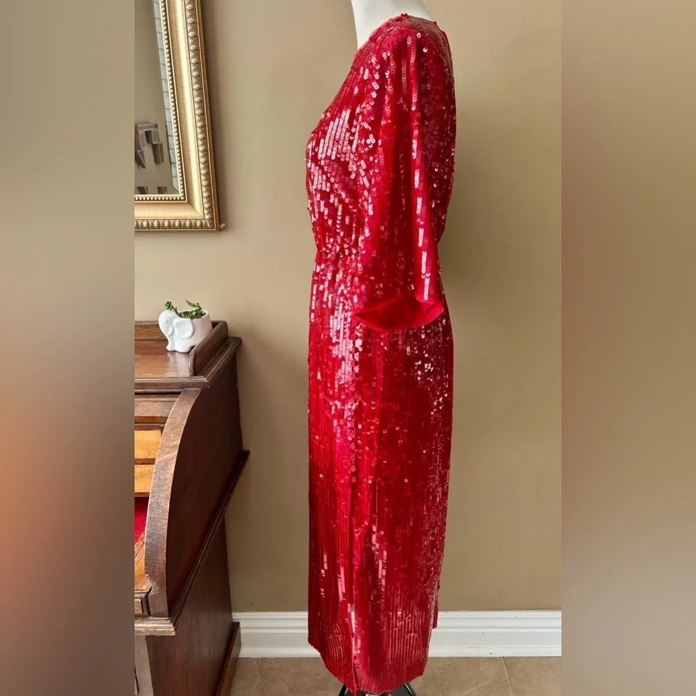 J. Crew Red Sequin V-back Dress Kimono Sleeve Size 6
